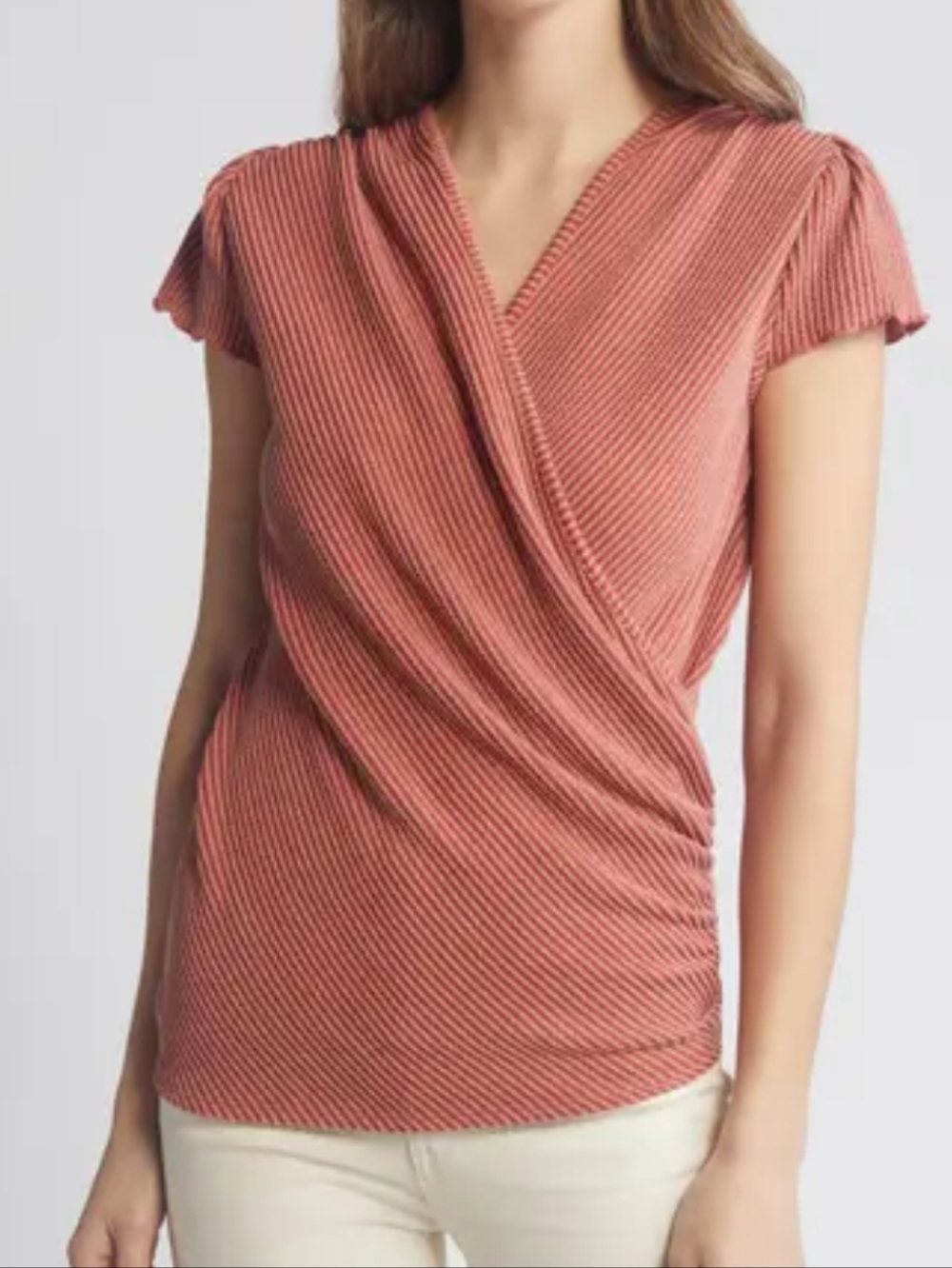 Cross-Front Ribbed Top in Rusty Terracotta Loveappella Textured Draped